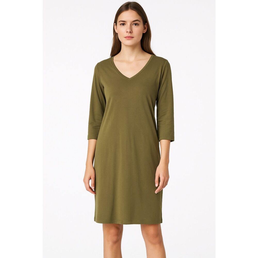 Eileen Fisher Olive V-Neck Viscose Jersey Shift Dress Petite PM NWT